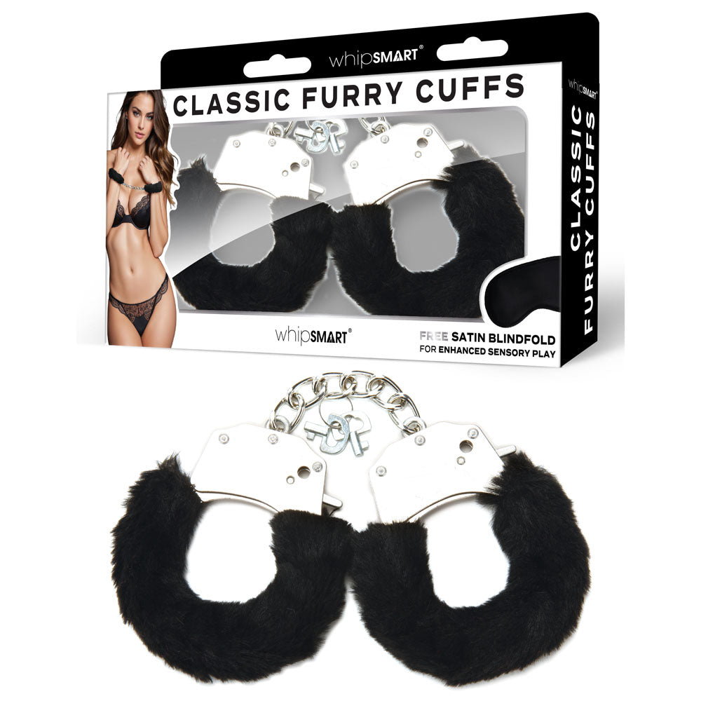 WhipSmart Classic Furry Cuffs, adjustable furry wrist cuffs with eye mask for enhanced sensory play.