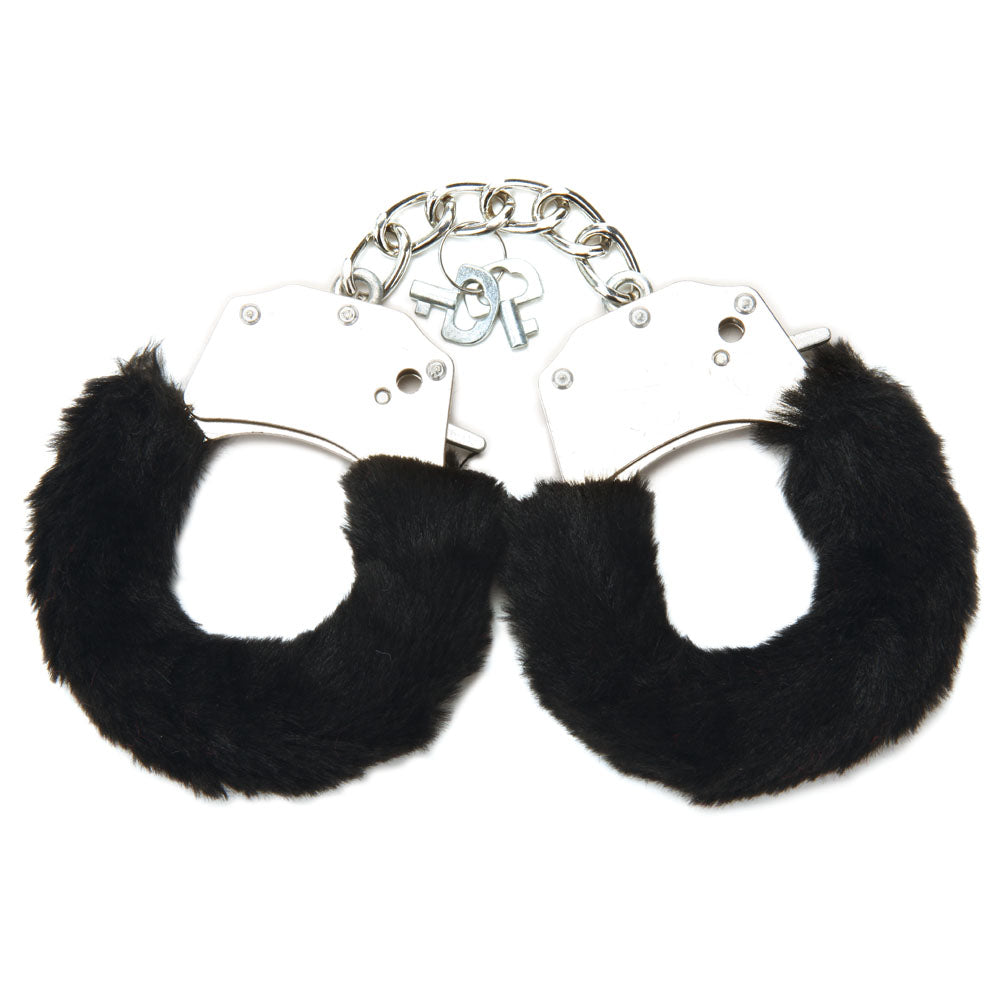 Furry wrist cuffs with eye mask, featuring soft faux fur and durable chain for secure restraint and comfort.