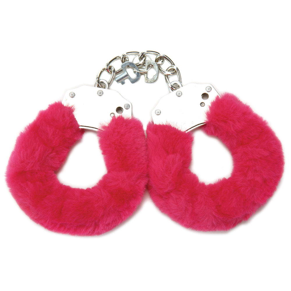 WhipSmart Classic Furry Cuffs - Hot  - Hot  Furry Restraints with Bonus Eye Mask in vibrant pink plush.