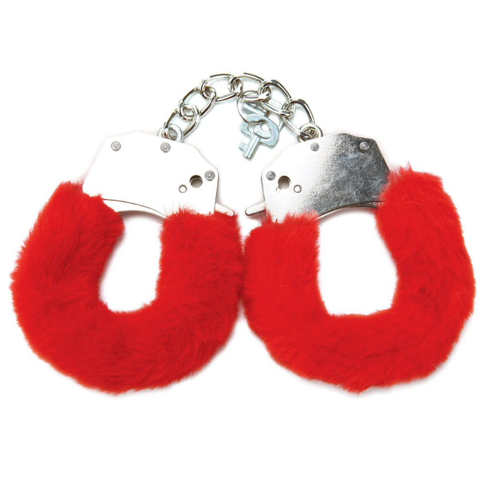 WhipSmart Classic Furry Cuffs -  -  Furry Restraints with Bonus Eye Mask, red furry handcuffs for sensory play.