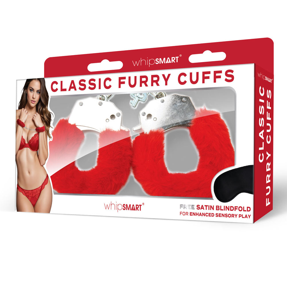 WhipSmart Classic Furry Cuffs -  -  Furry Restraints with Bonus Eye Mask packaging on display.