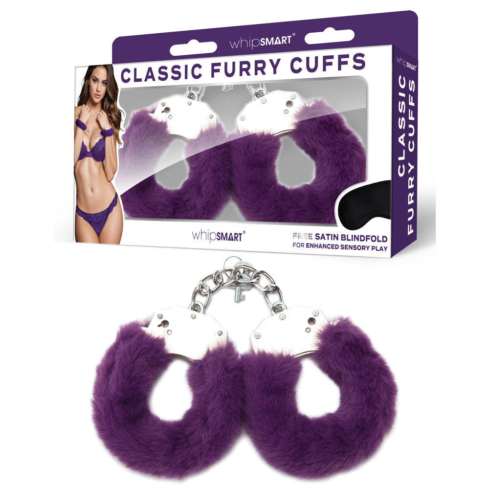 WhipSmart Classic Furry Cuffs -  -  Furry Restraints with Bonus Eye Mask in purple packaging with satin blindfold.