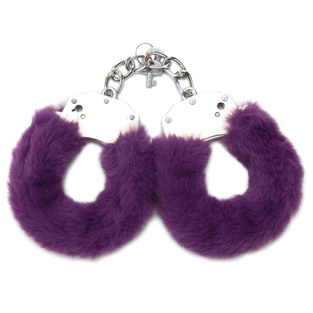 WhipSmart Classic Furry Cuffs -  -  Furry Restraints with Bonus Eye Mask in purple faux fur.