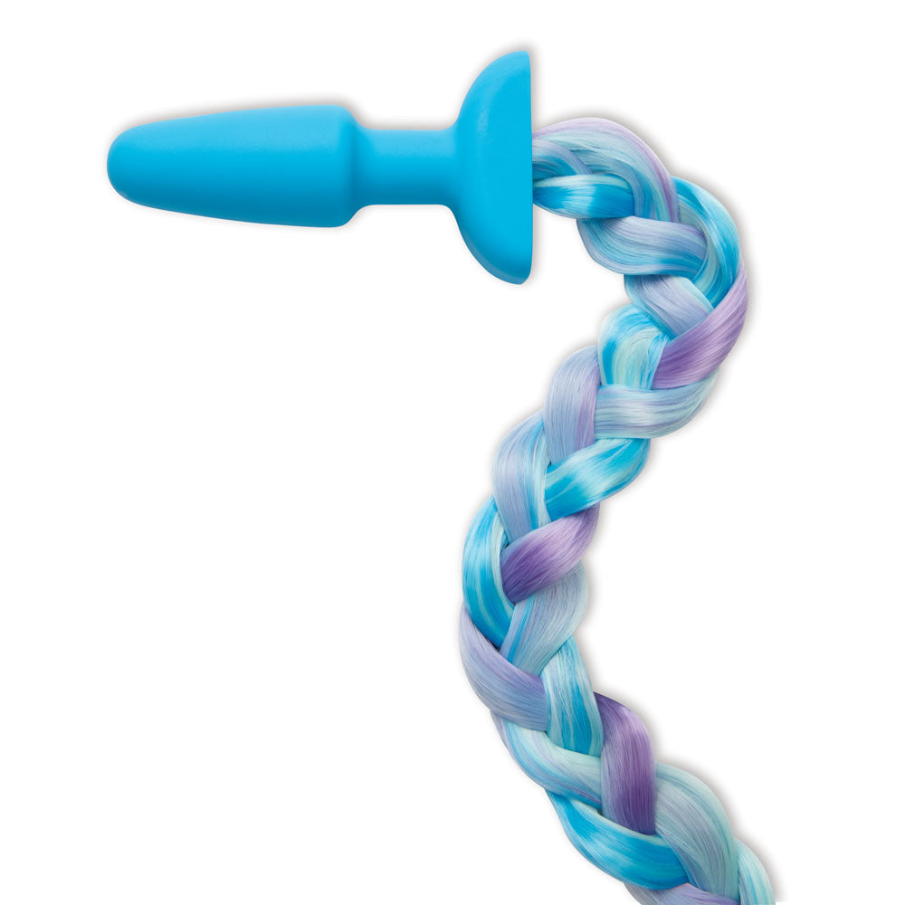 WhipSmart Furry Tales Silicone Unicorn Butt Plug -  8.9 cm Butt Plug with Unicorn Tail, featuring a braided multicolored tail.