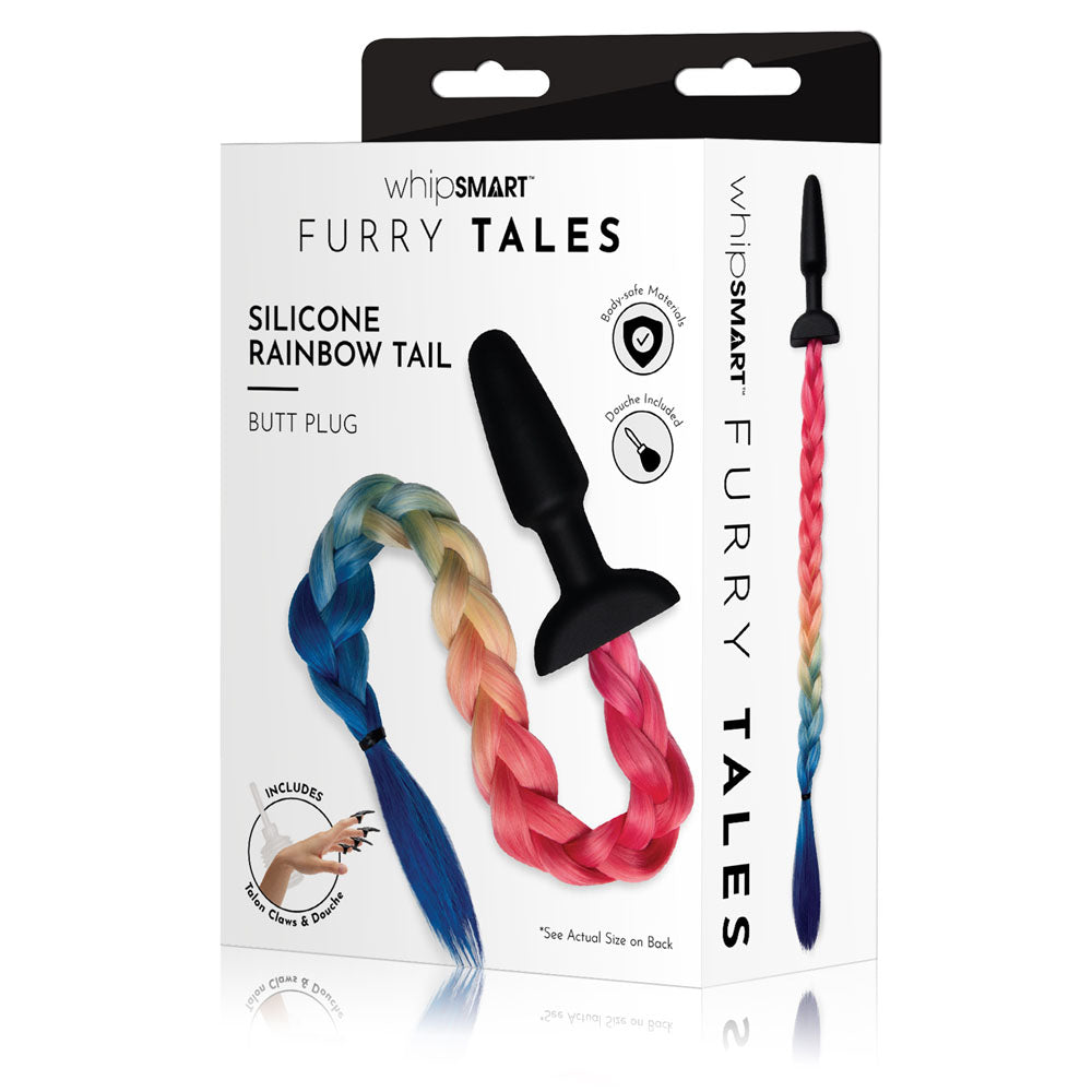 WhipSmart Furry Tales Silicone Rainbow Tail - Black 8.9 cm Butt Plug with Rainbow Tail packaging and design
