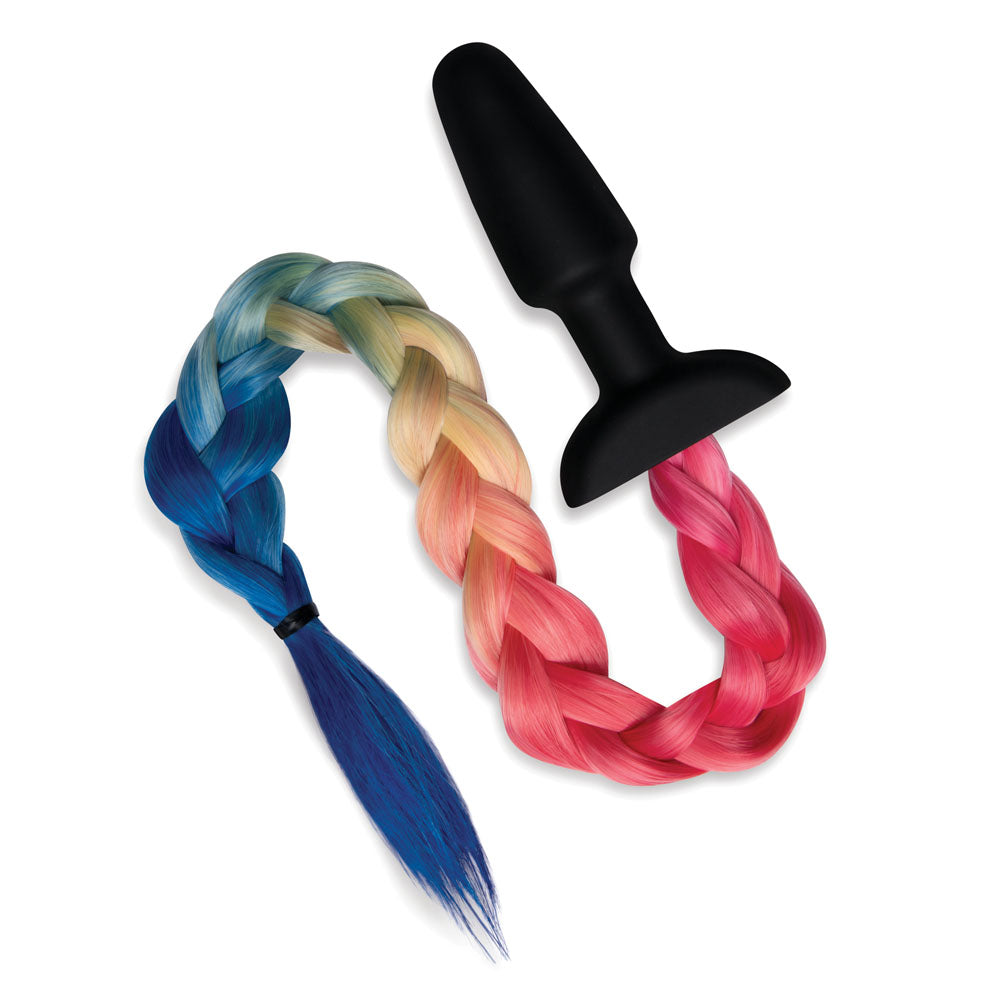 WhipSmart Furry Tales Silicone Rainbow Tail - Black 8.9 cm Butt Plug with Rainbow Tail on a white background.