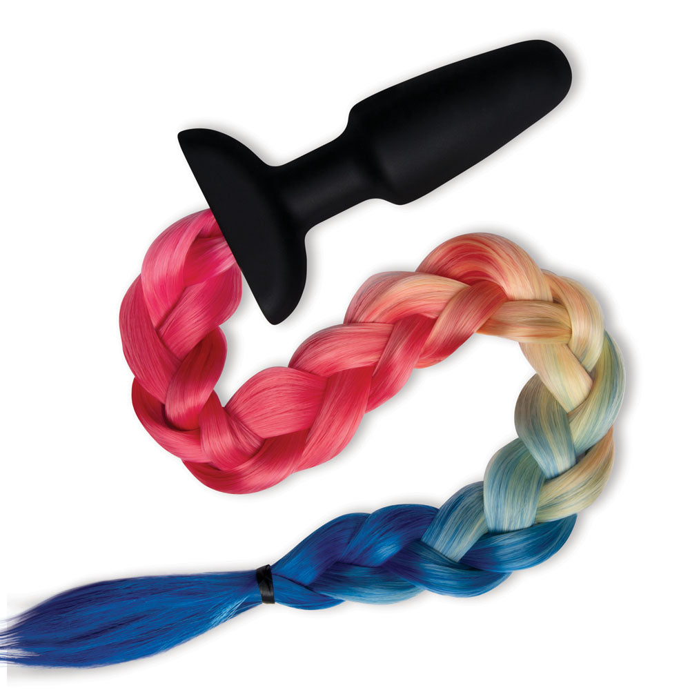 WhipSmart Furry Tales Silicone Rainbow Tail - Black 8.9 cm Butt Plug with Rainbow Tail on a white background.