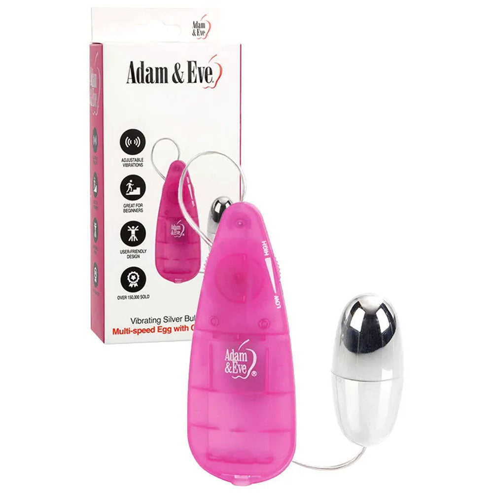 Adam & Eve VIBRATING SILVER BULLET 2.0 - Silver 5.8 cm Bullet with Pink Remote in package with controls and features.