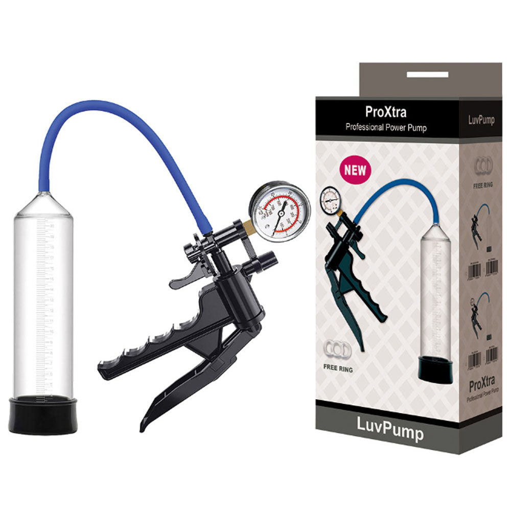 LuvPump ProXtra Professional Gauge Power Pump - Penis Pump with Pressure Gauge and packaging display.