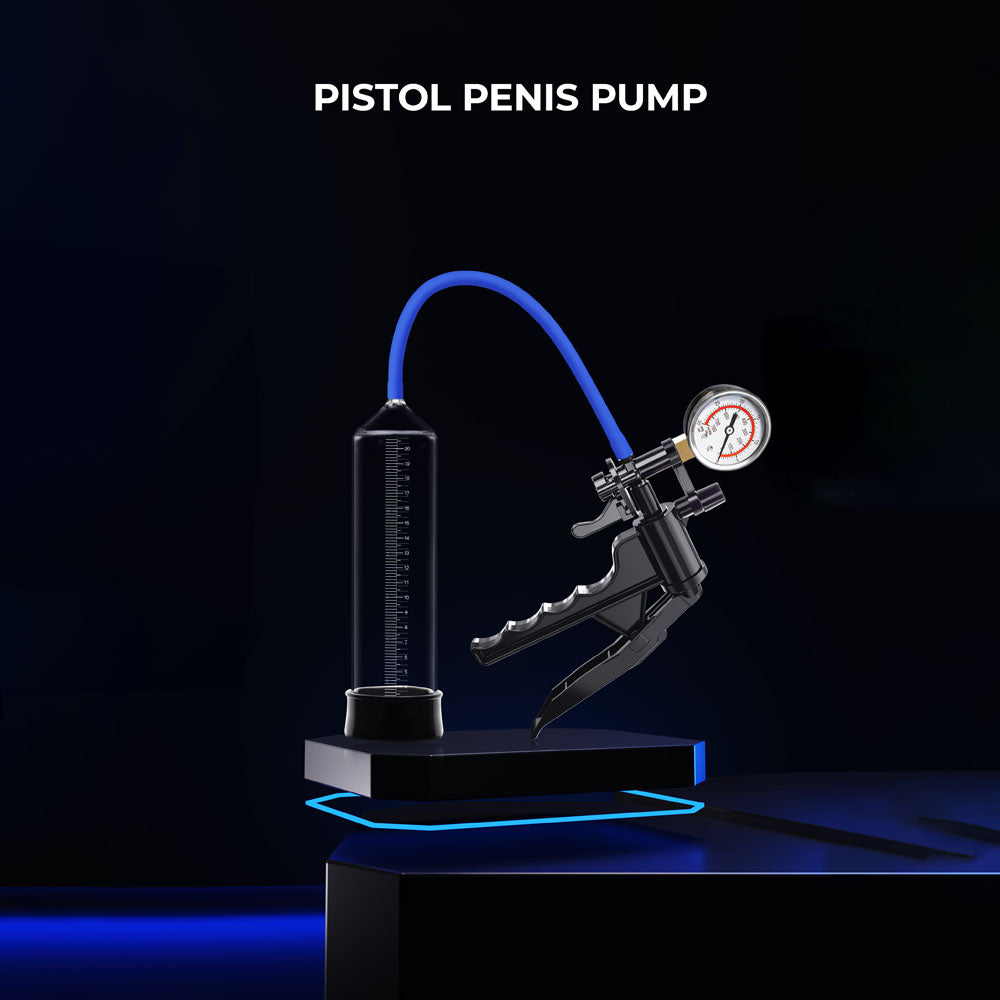 LuvPump ProXtra Professional Gauge Power Pump - Penis Pump with Pressure Gauge displayed on a sleek stand.