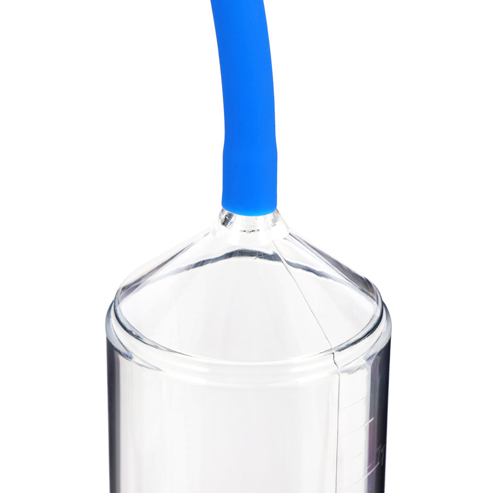 LuvPump ProXtra Professional Gauge Power Pump - Penis Pump with Pressure Gauge, featuring a medical-grade cylinder and blue silicone hose.