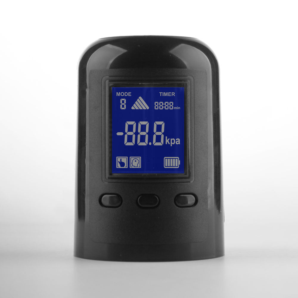 LuvPump Smart Penis Pump - USB Rechargeable Automatic Penis Pump display with LCD screen showing pressure settings.
