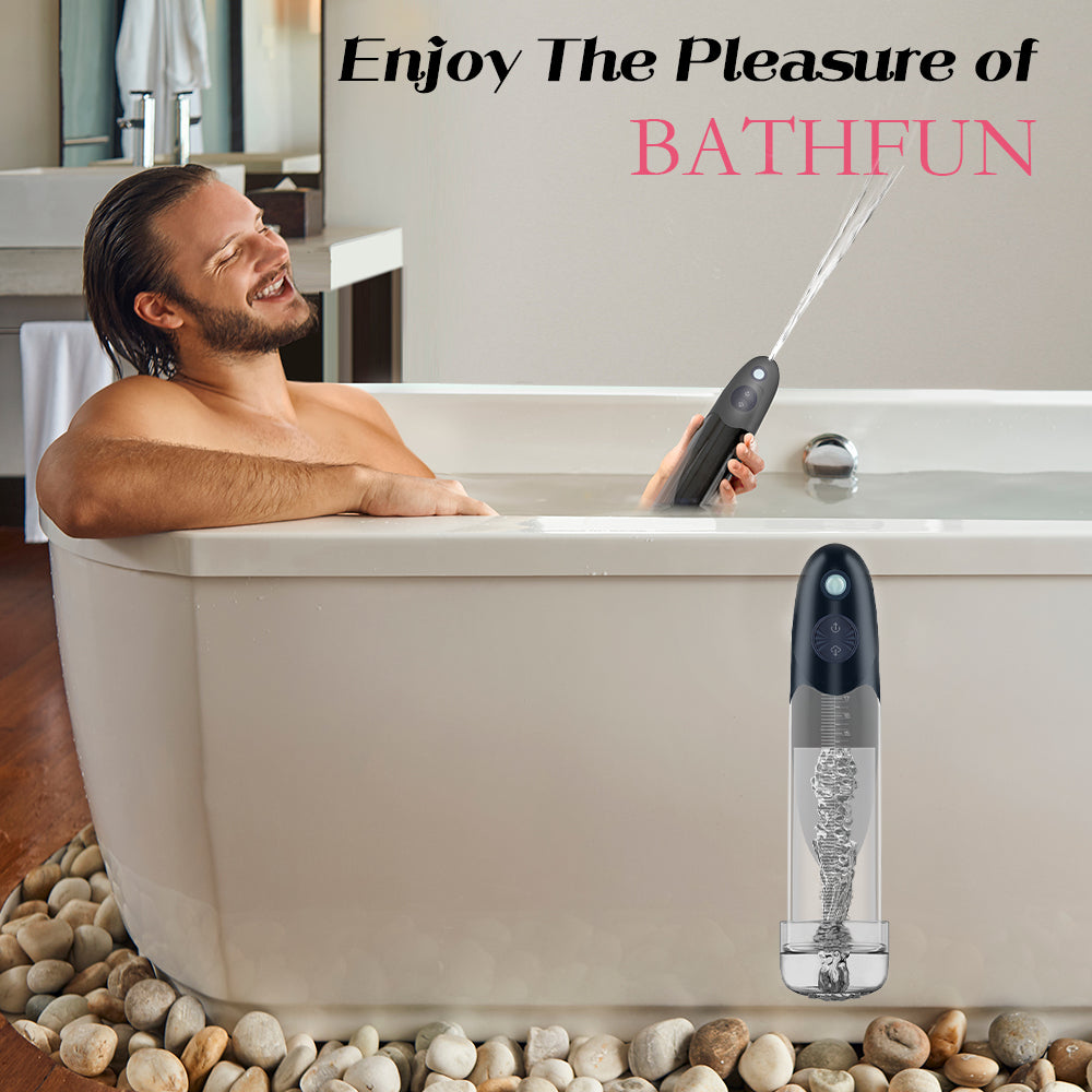 LuvPump BathFun - USB Rechargeable Waterproof Automatic Penis Pump in use in a luxurious bath setting.