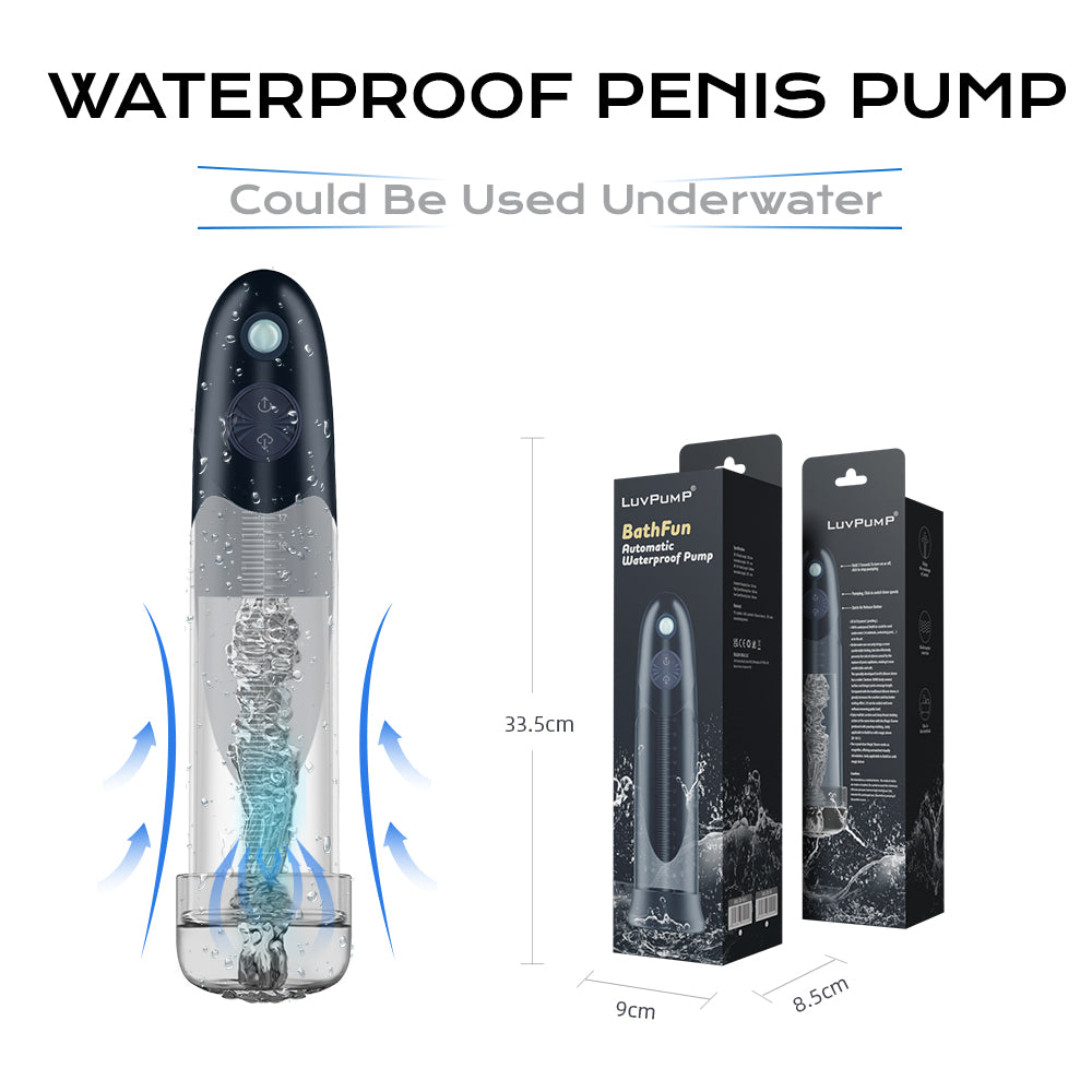 LuvPump BathFun - USB Rechargeable Waterproof Automatic Penis Pump with packaging, designed for underwater use.