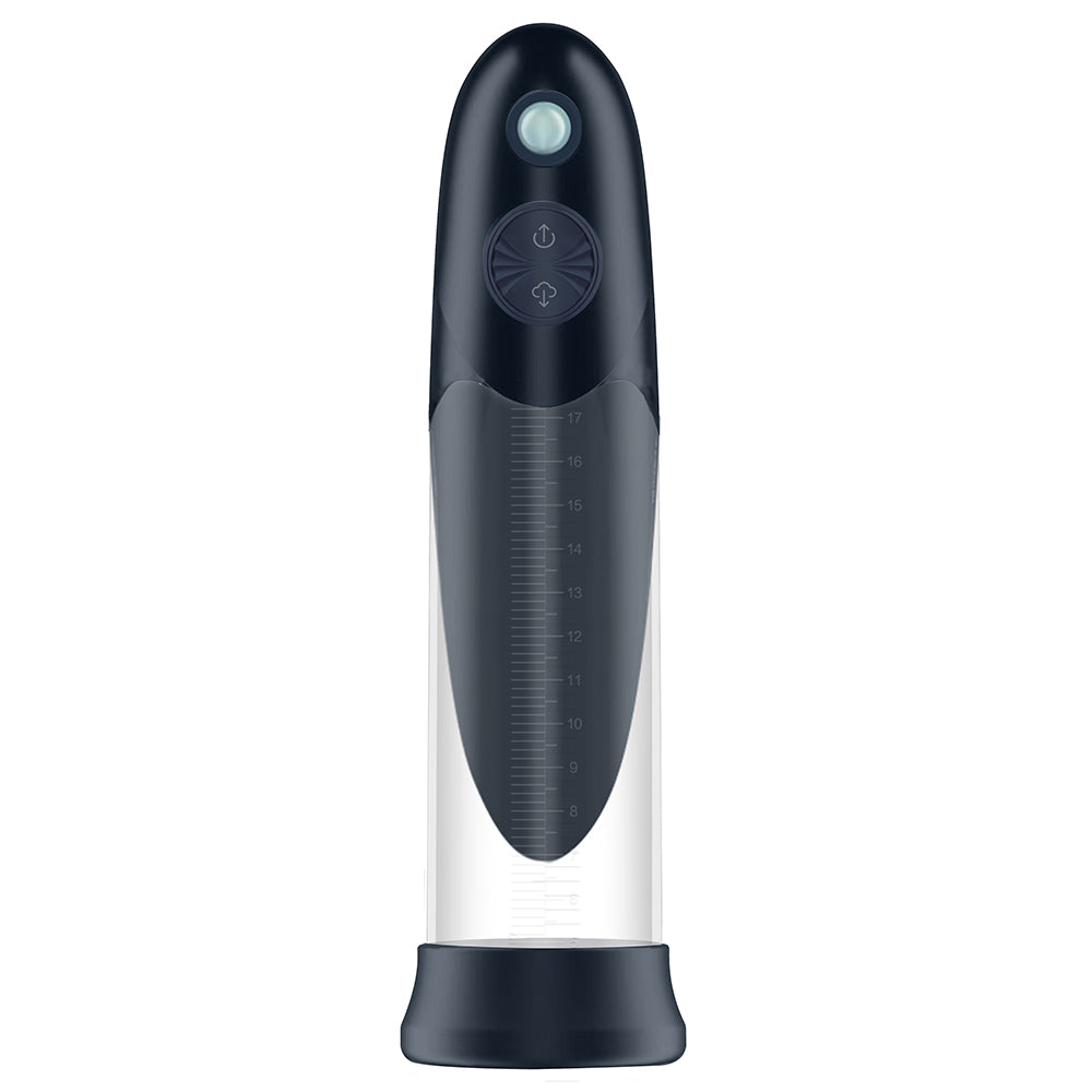 LuvPump BathFun - USB Rechargeable Waterproof Automatic Penis Pump with easy control button and measurement markings.