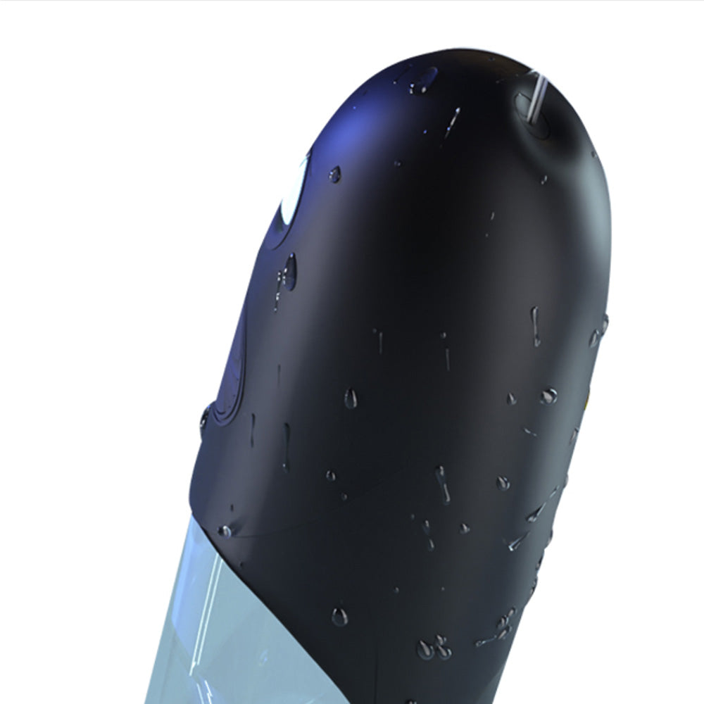 LuvPump BathFun - USB Rechargeable Waterproof Automatic Penis Pump with a sleek black design and water droplets.