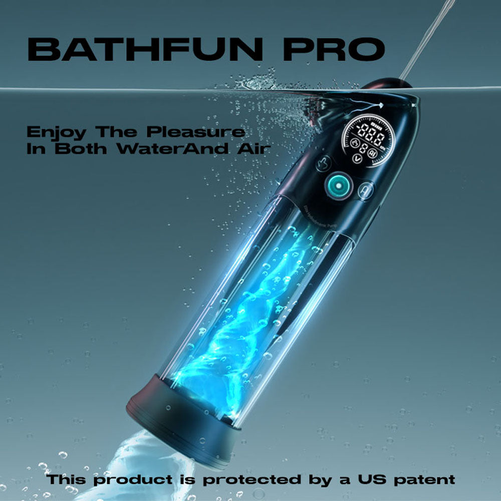 LuvPump Bathfun Pro - USB Rechargeable Waterproof Smart Automatic Penis Pump submerged in water with blue bubbles.