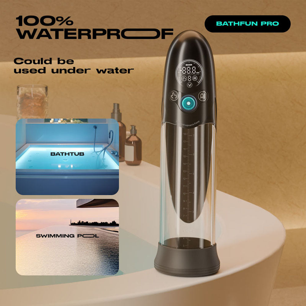 LuvPump Bathfun Pro - USB Rechargeable Waterproof Smart Automatic Penis Pump displayed with bathtub and pool imagery.