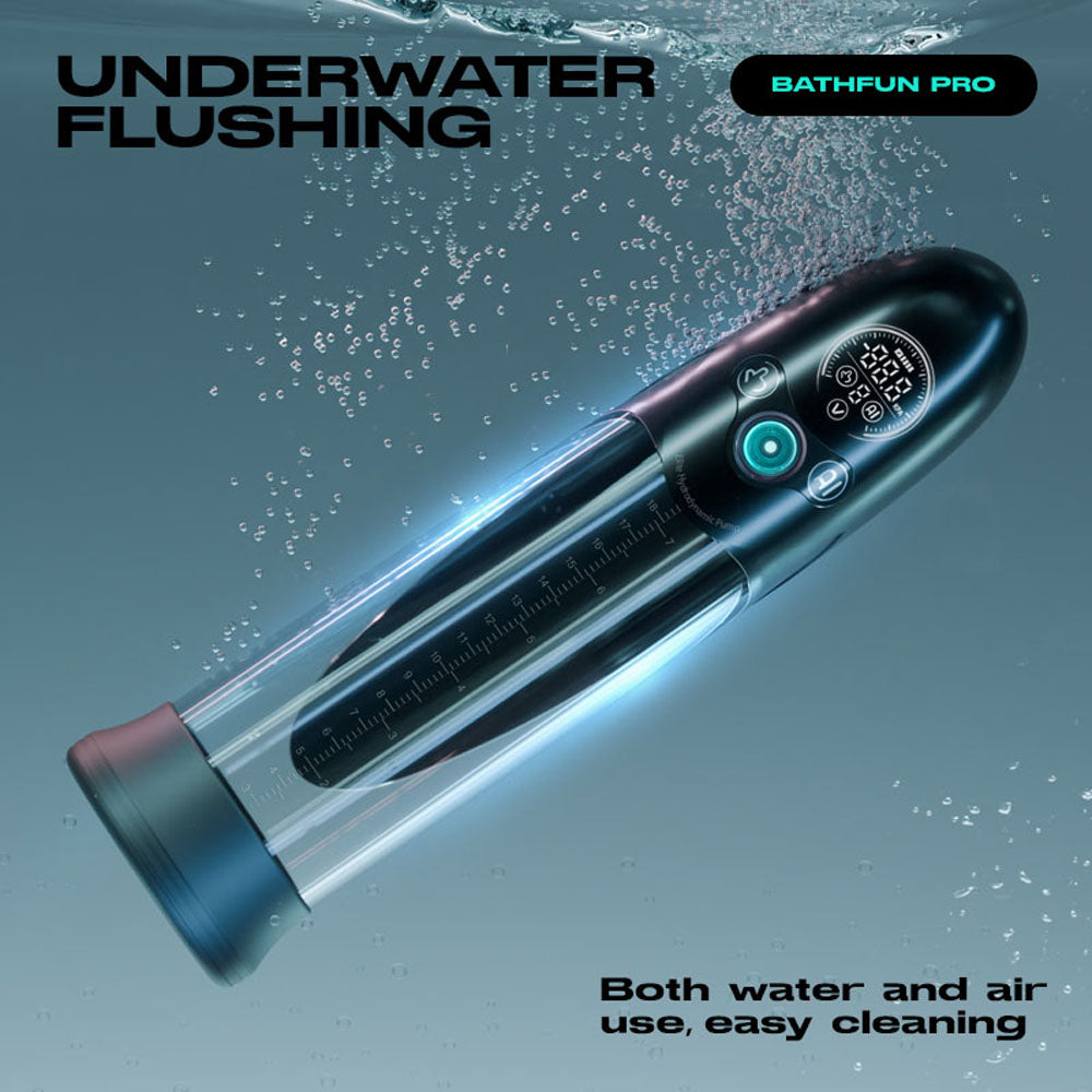 LuvPump Bathfun Pro - USB Rechargeable Waterproof Smart Automatic Penis Pump featuring underwater flushing and easy cleaning.