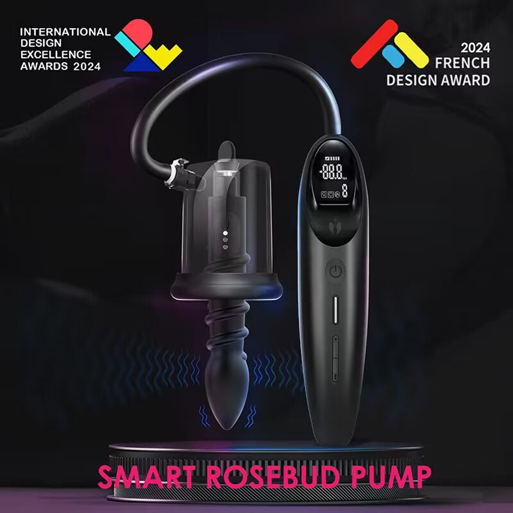 LuvPump RosCup Pro Smart Rosebud Pump - USB Rechargeable Anal Pump with Vibrating Probe showcased with design awards.