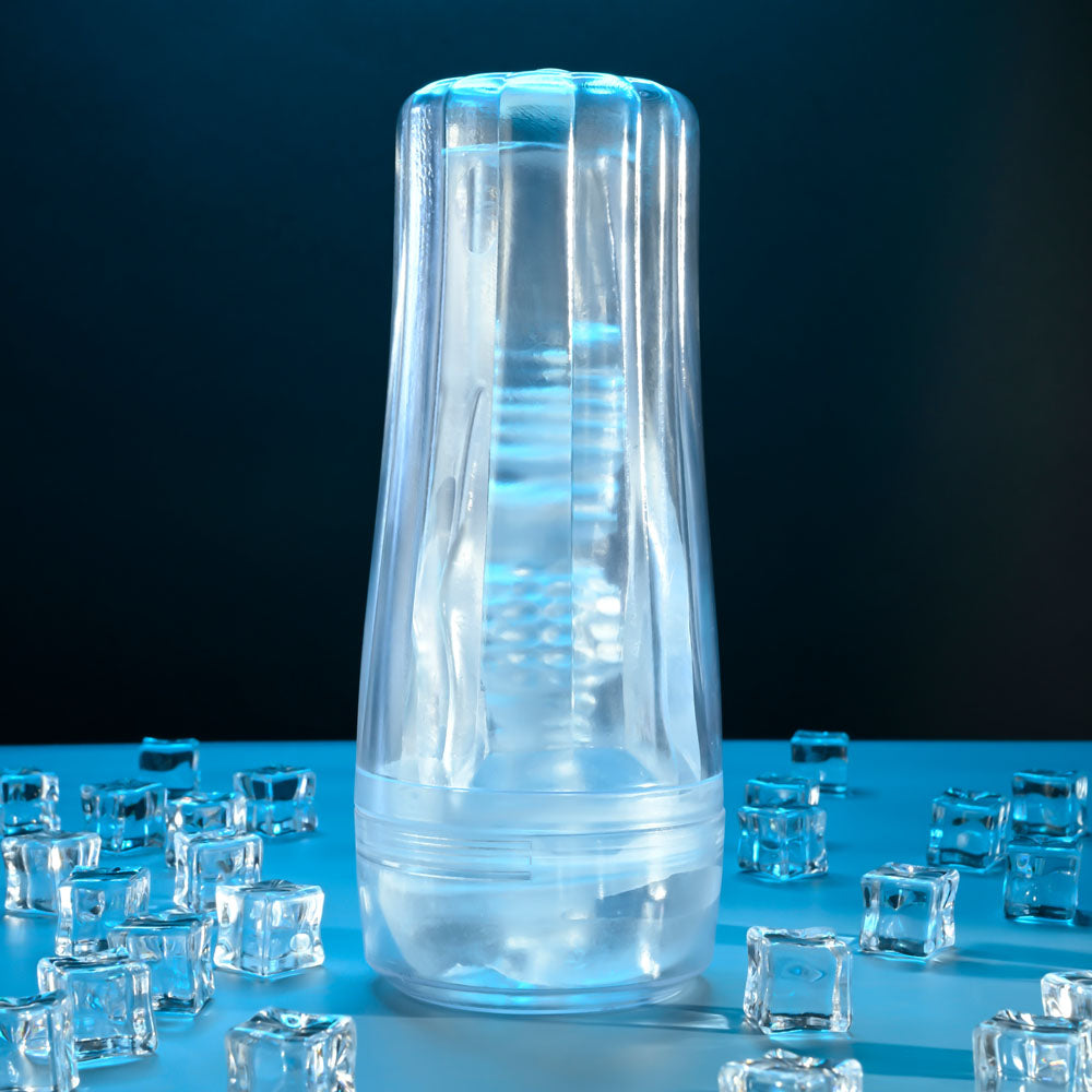 Zero Tolerance THE CHOICE - 21 cm Vagina Stroker surrounded by ice cubes, providing a clear view of its textured design.