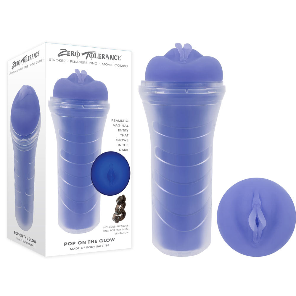 Zero Tolerance POP ON THE GLOW - Glow in Dark Vagina Stroker in packaging showcasing its realistic design and glow feature.