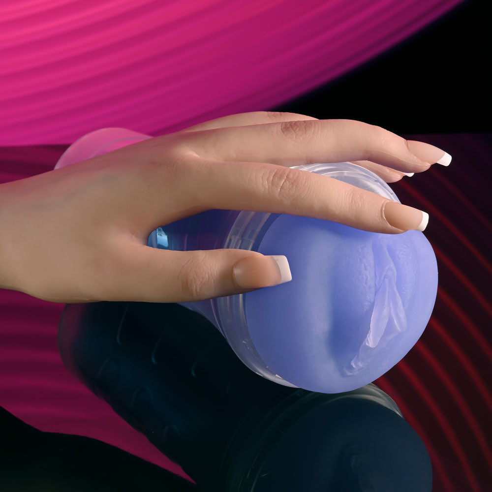 Zero Tolerance POP ON THE GLOW - Glow in Dark  Vagina Stroker with hand gripping the soft silicone exterior.