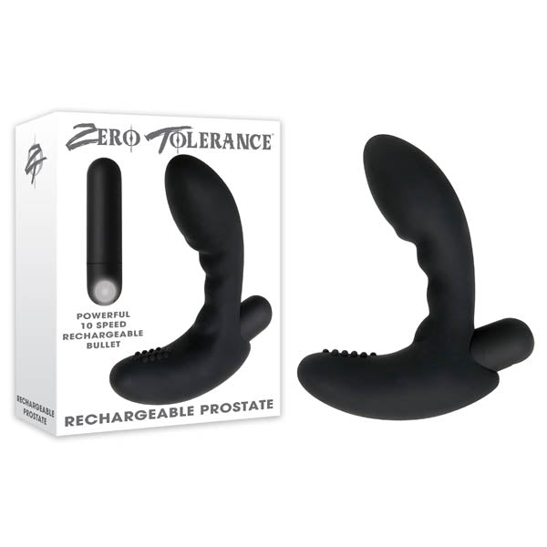 Zero Tolerance Rechargeable Prostate -  Prostate Massager with USB Rechargeable Bullet in black packaging and design.