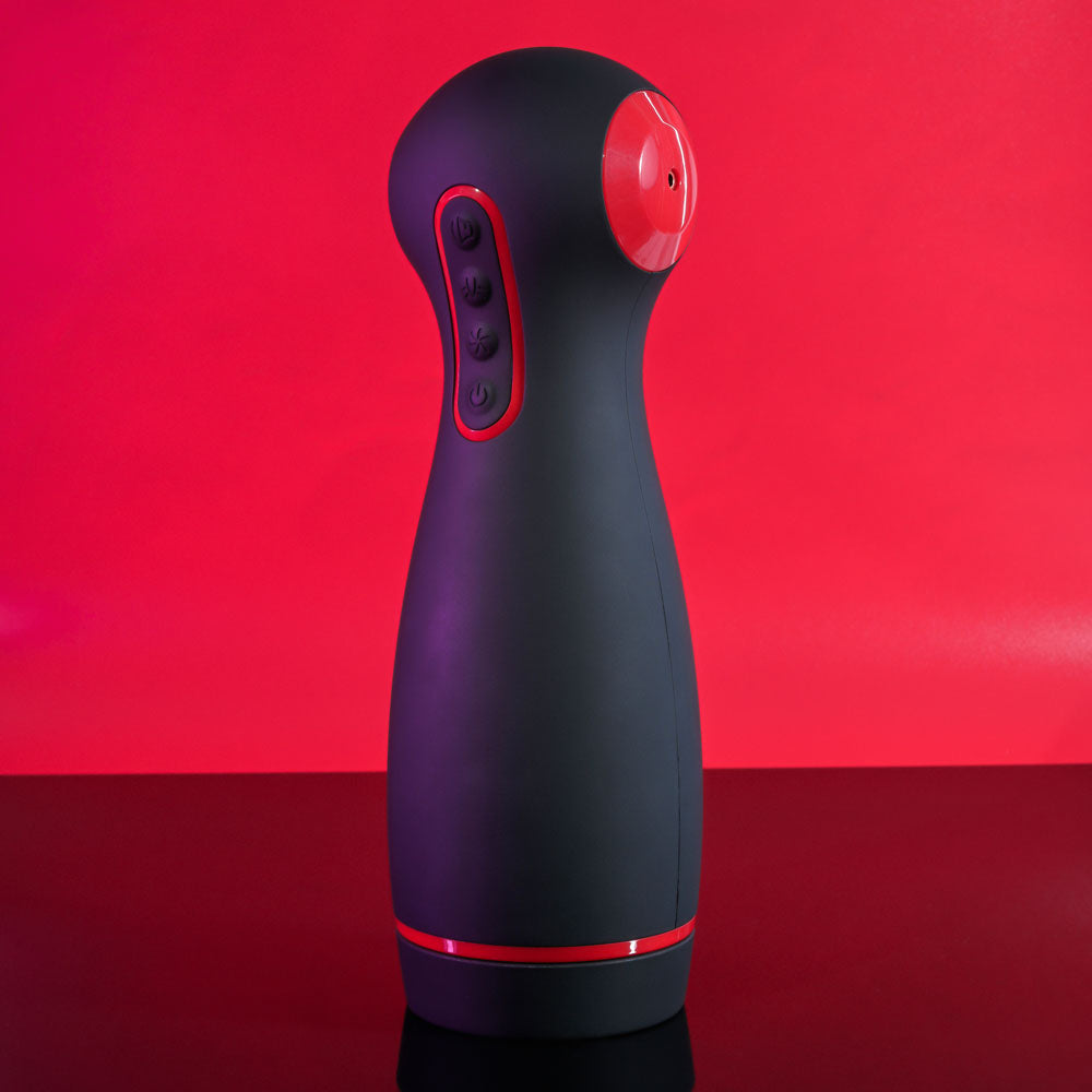 Zero Tolerance TIGHT SQUEEZE - USB Rechargeable Vibrating, Squeezing & Talking Stroker on a red background.