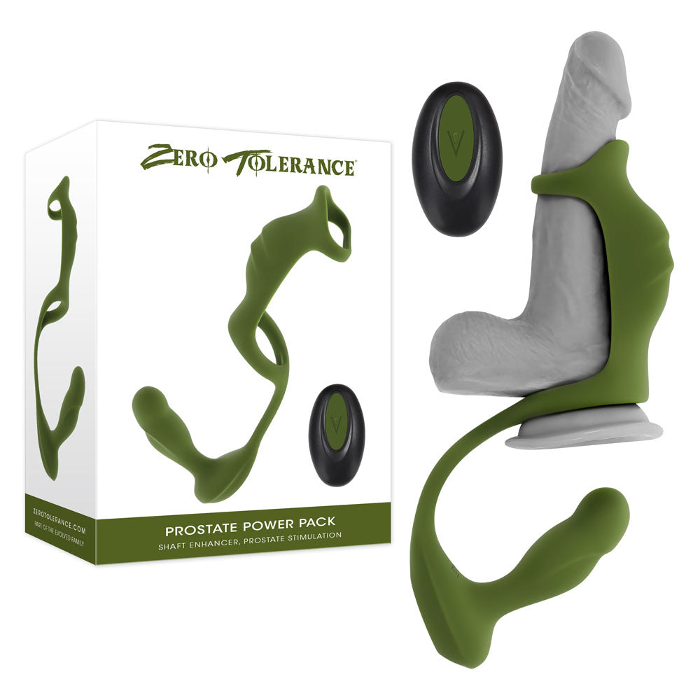 Zero Tolerance PROSTATE POWER PACK - USB Rechargeable Vibrating Prostate Massager with Cock Ring Harness packaging and toy.