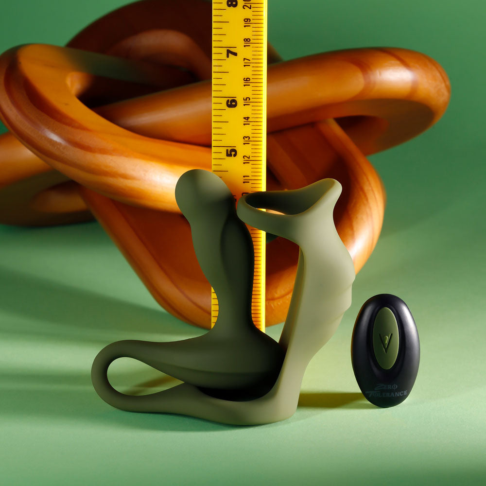 Zero Tolerance PROSTATE POWER PACK -  USB Rechargeable Vibrating Prostate Massager with Cock Ring Harness displayed with a ruler for size.