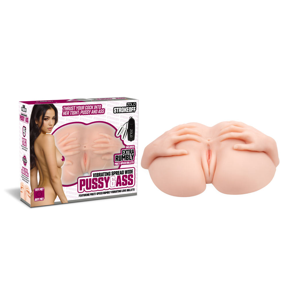 Zolo Stroke Off Vibrating Spread Wide Pussy & Ass - Lifesize Vibrating Doggy Style Masturbator with packaging and realistic design.