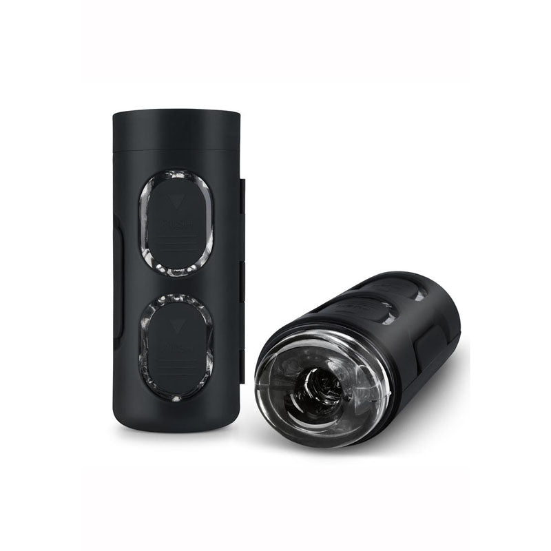 Zolo Strokemeister -  Squeezable Masturbator showcasing its sleek design and pressure pads for customized pleasure.