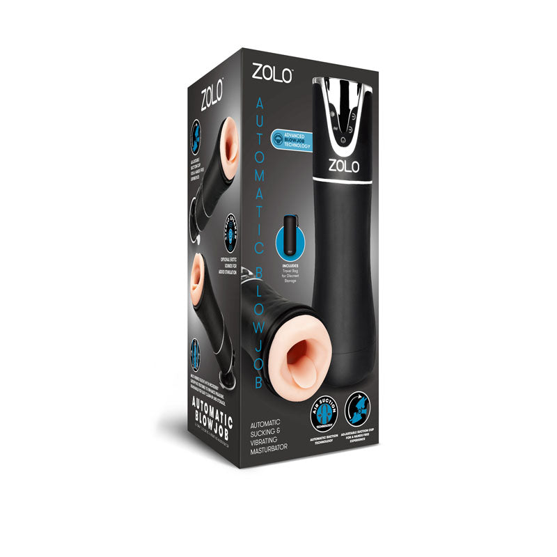 Zolo Automatic Blowjob - USB Rechargeable Auto Masturbator packaging showcasing its automatic sucking and vibrating features.