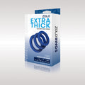 Zolo Extra Thick Silicone Cock Rings 3-Pack - Thick Cock Rings - Set of 3 Sizes packaging with blue rings.