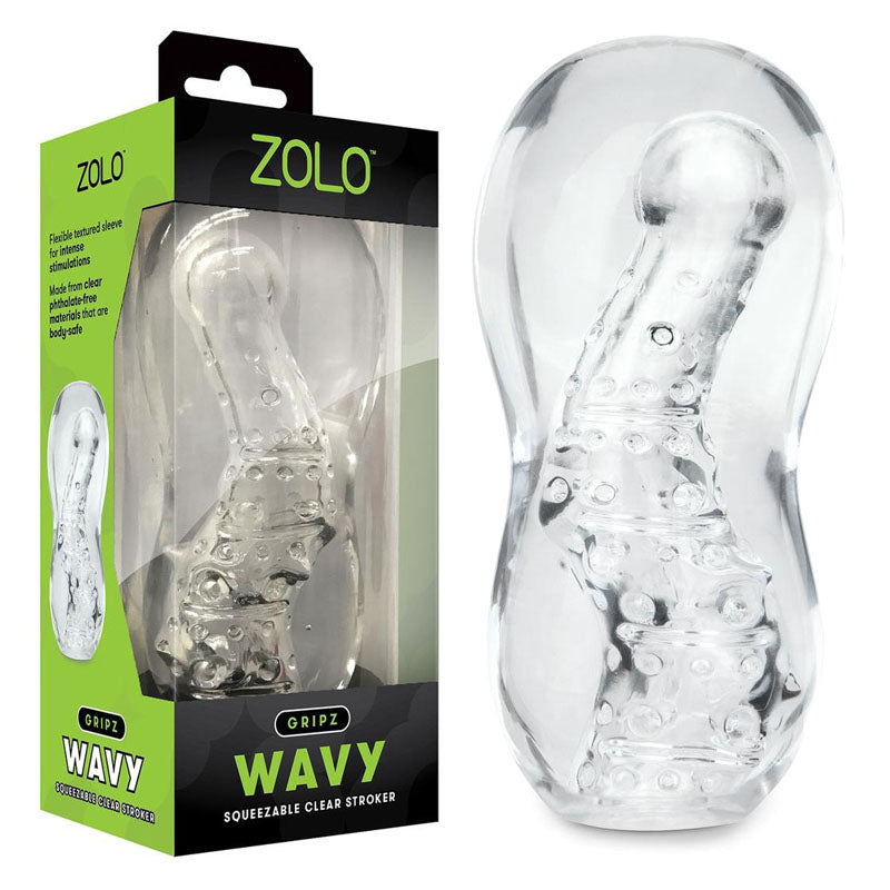 Zolo Gripz - Wavy - Stroker Sleeve in clear packaging, showcasing its flexible texture and ergonomic design.