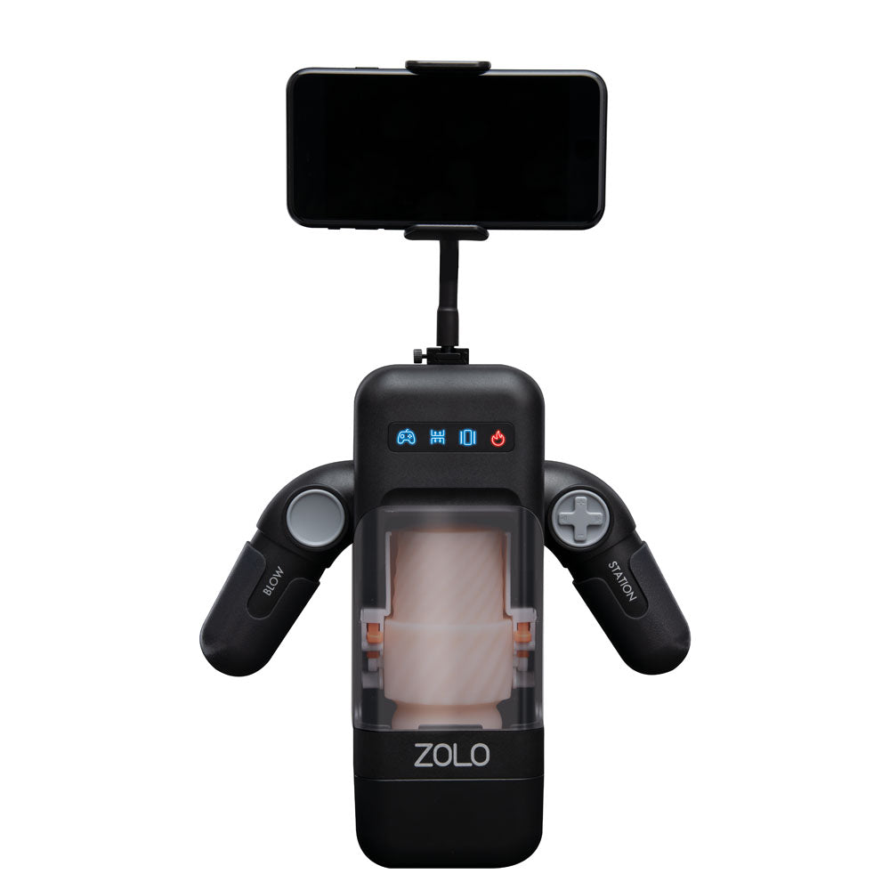 Zolo Blowstation - USB Rechargeable Auto Blowjob Masturbator with smartphone holder and multiple control buttons.