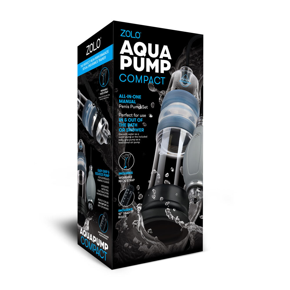 Zolo Aquapump Compact - Water Penis Pump packaging, featuring all-in-one manual design for bath or shower use.