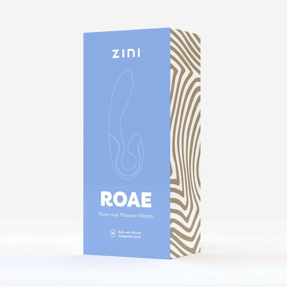 Zini Roae -  - 19.5 cm USB Rechargeable Vibrator packaging featuring three-way pleasure vibrator design.