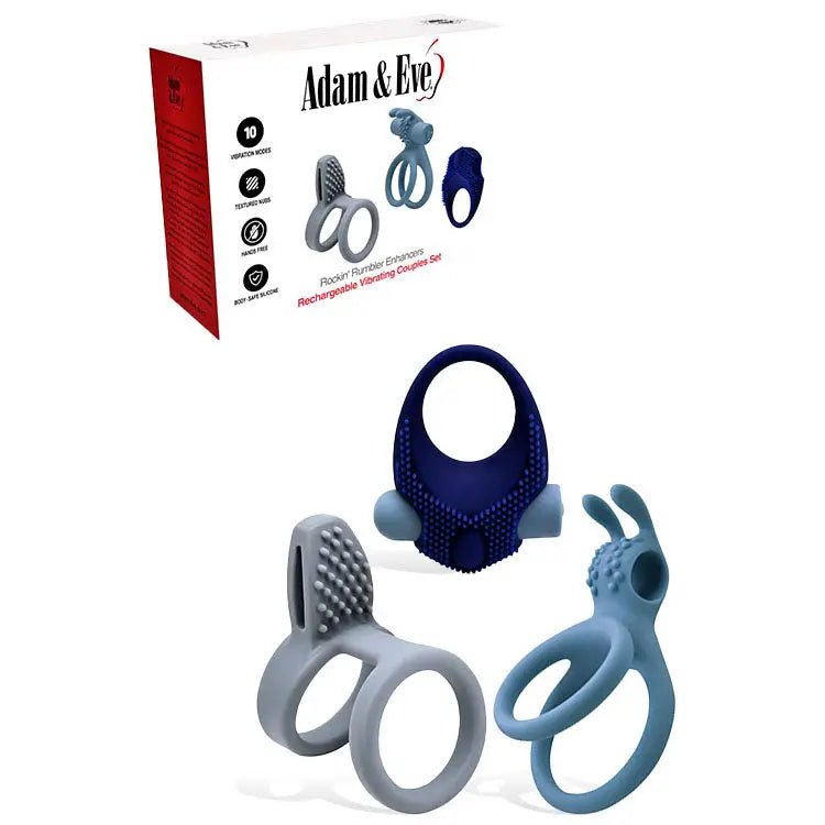 Shop affordable quality Adam & Eve ROCKIN RUMBLER ENHANCERS - Silicone Cock Rings with Rechargeable Vibrating Bullet - Set of 3 - Discreet Intimate Essentials - COCK RINGS - Adam & Eve