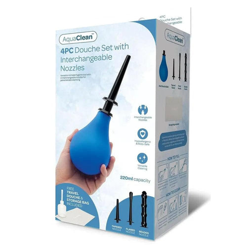AquaClean 4 Piece Douche Set with Interchangeable Nozzles - 220 ml Capacity with Free Travel Douche Included Xgen Products Discreet Intimate Essentials.