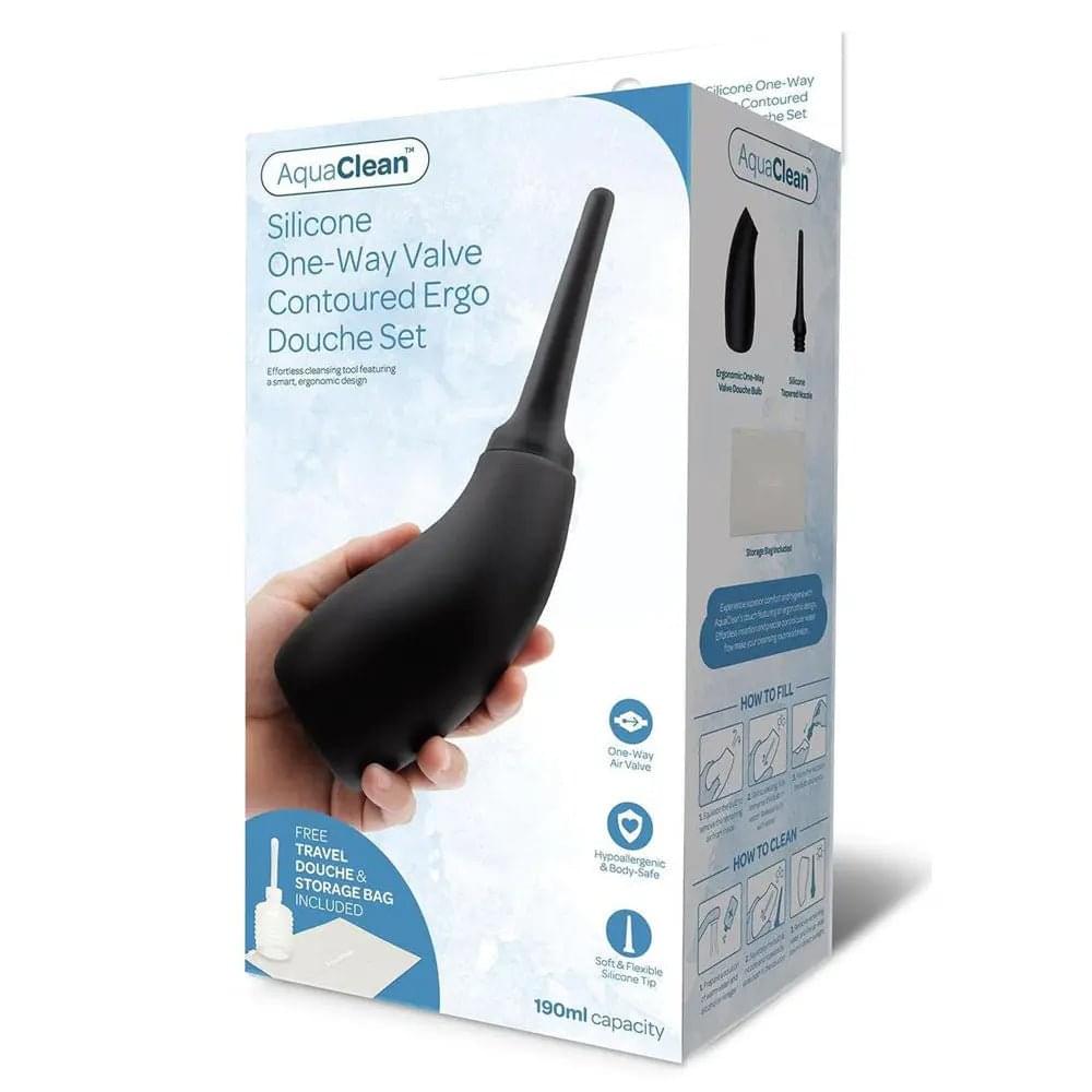AquaClean Silicone 1-Way Valve Contoured Ergo Douche Set - 190 ml Capacity with Free Travel Douche Included Xgen Products Discreet Intimate Essentials.