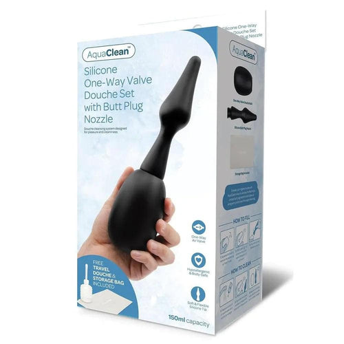 AquaClean Silicone 1-Way Valve Douche Set with Butt Plug Nozzle - 150 ml Capacity with Free Travel Douche Included Xgen Products Discreet Intimate Essentials.