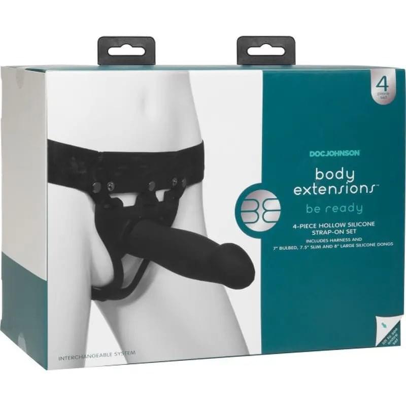 Be Ready 4 Pc -  7in, 7.5in, 8in Hollow Silicone Strap-On Set Body Extension Discreet Intimate Essentials.