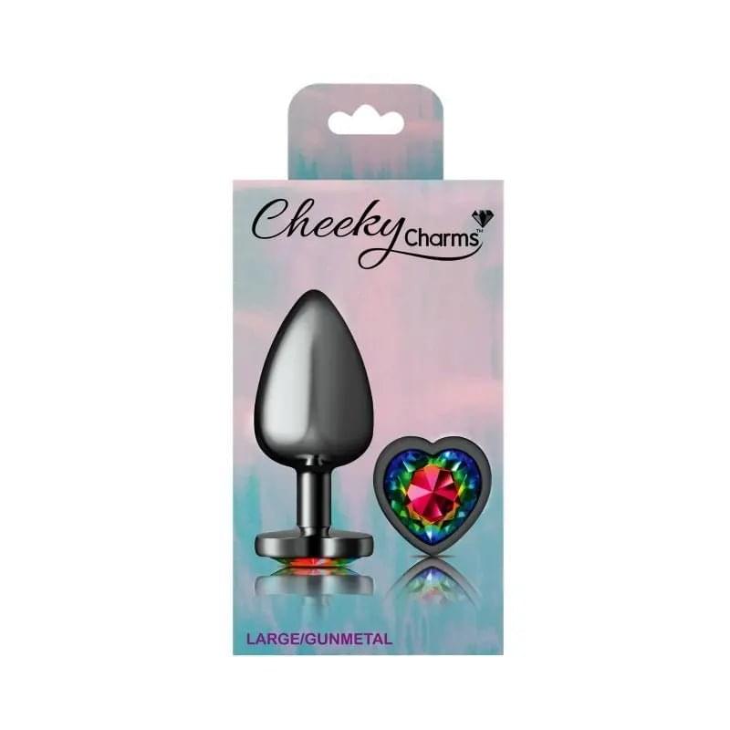 Cheeky Charms Gunmetal  Butt Plug w Heart Rainbow Jewel Large Cheeky Charms Discreet Intimate Essentials.