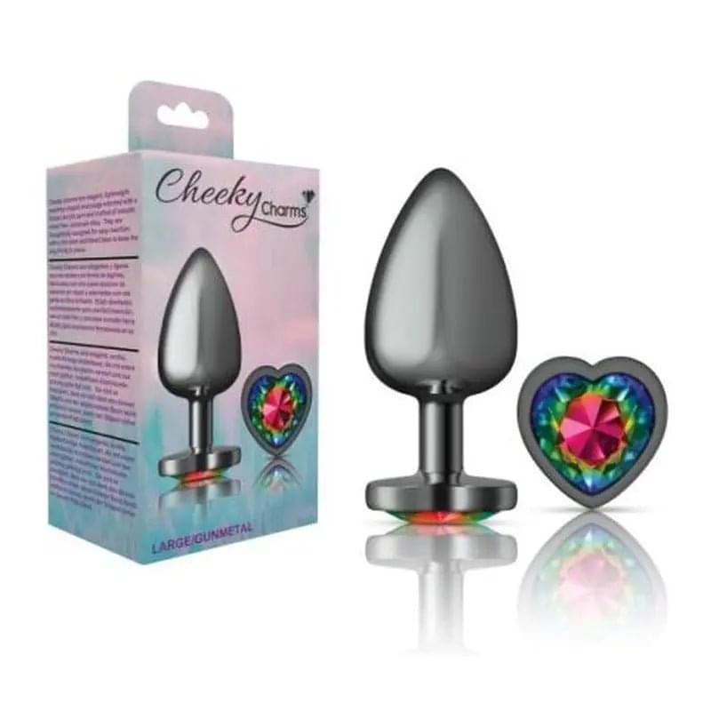 Cheeky Charms Gunmetal  Butt Plug w Heart Rainbow Jewel Large Cheeky Charms Discreet Intimate Essentials.