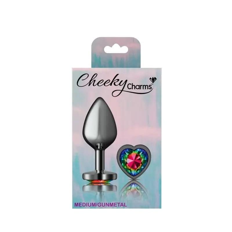 Cheeky Charms Gunmetal  Butt Plug w Heart Rainbow Jewel Medium Cheeky Charms Discreet Intimate Essentials.