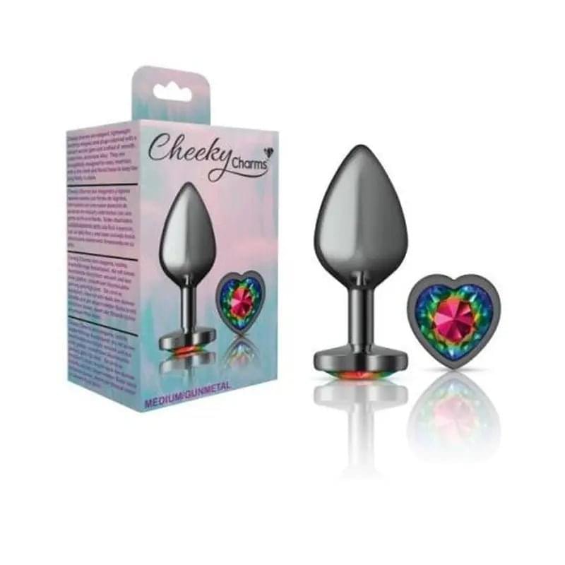 Cheeky Charms Gunmetal  Butt Plug w Heart Rainbow Jewel Medium Cheeky Charms Discreet Intimate Essentials.