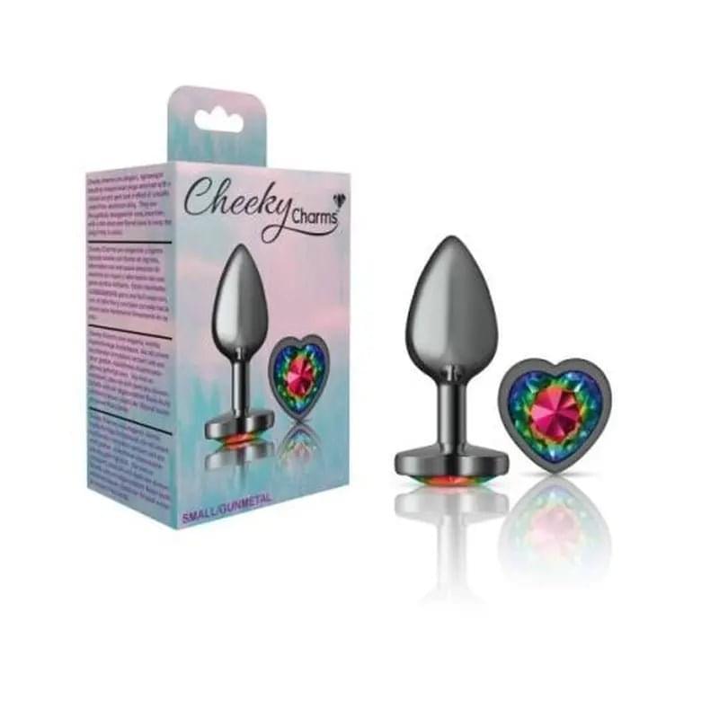 Cheeky Charms Gunmetal  Butt Plug w Heart Rainbow Jewel Small Cheeky Charms Discreet Intimate Essentials.
