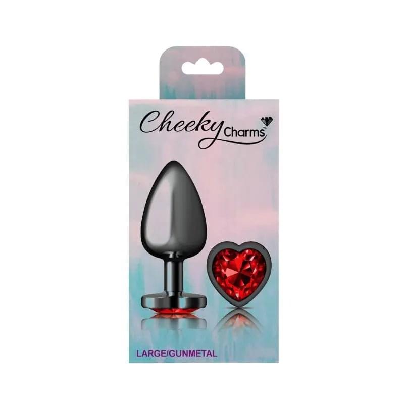 Cheeky Charms Gunmetal  Butt Plug w Heart Red Jewel Large Cheeky Charms Discreet Intimate Essentials.